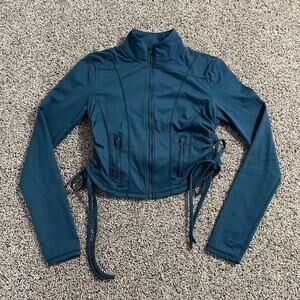 PAC 1980 Jacket Womens Medium Teal Cropped Zip Up Mock Neck Ruched Drawstring‎